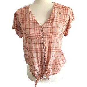 Sim & Sam Pink & White Plaid Tie-front Oversized Crop Top Large